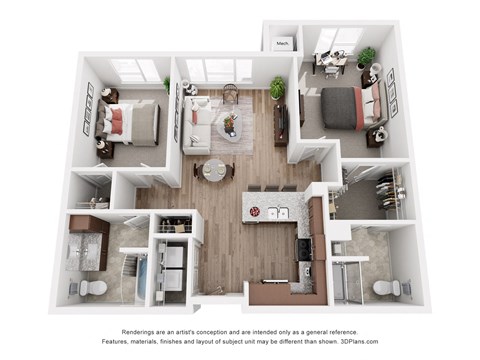 Floor plan for 2 beds, 2 baths, 1049 sqft
